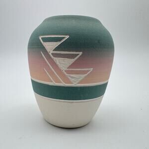 Vintage Red Feather Signed Pottery Vase Southwest Dessert Decor 3 3/4" Tall